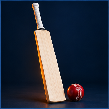English willow cricket bat with red cricket ball